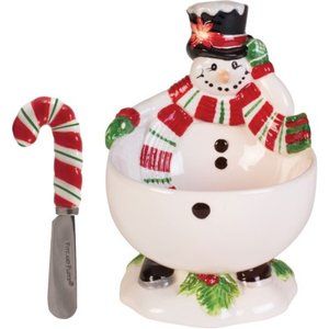 Fitz and Floyd Serving Bowls Top Hat Snowman Lidded Bowl & Candy Cane Spreader